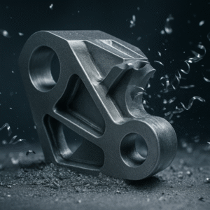 Метален детайл със сложна форма при CNC фрезоване с летящи метални стружки